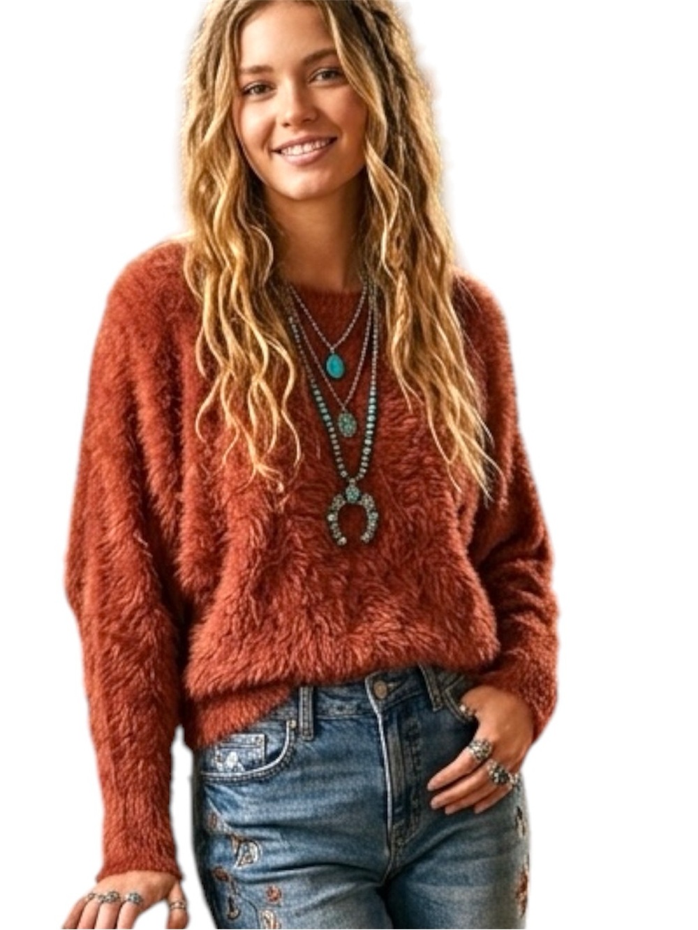Jessica Simpson Rust Textured Fuzzy Dolman Sleeve Oversized Sweater Size Medium